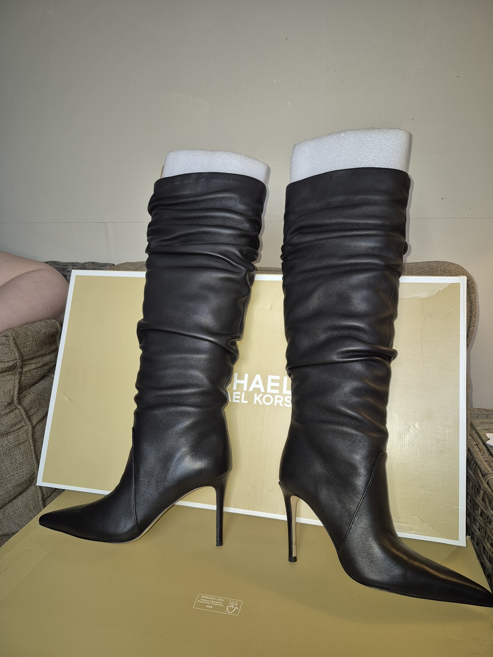 Michael Kors Black Leather Slouch Knee-High Stiletto Boots